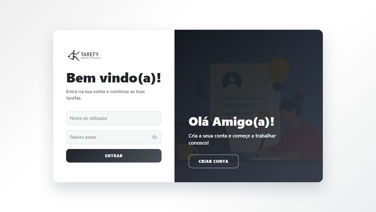 Página inicial da plataforma Tarefy
